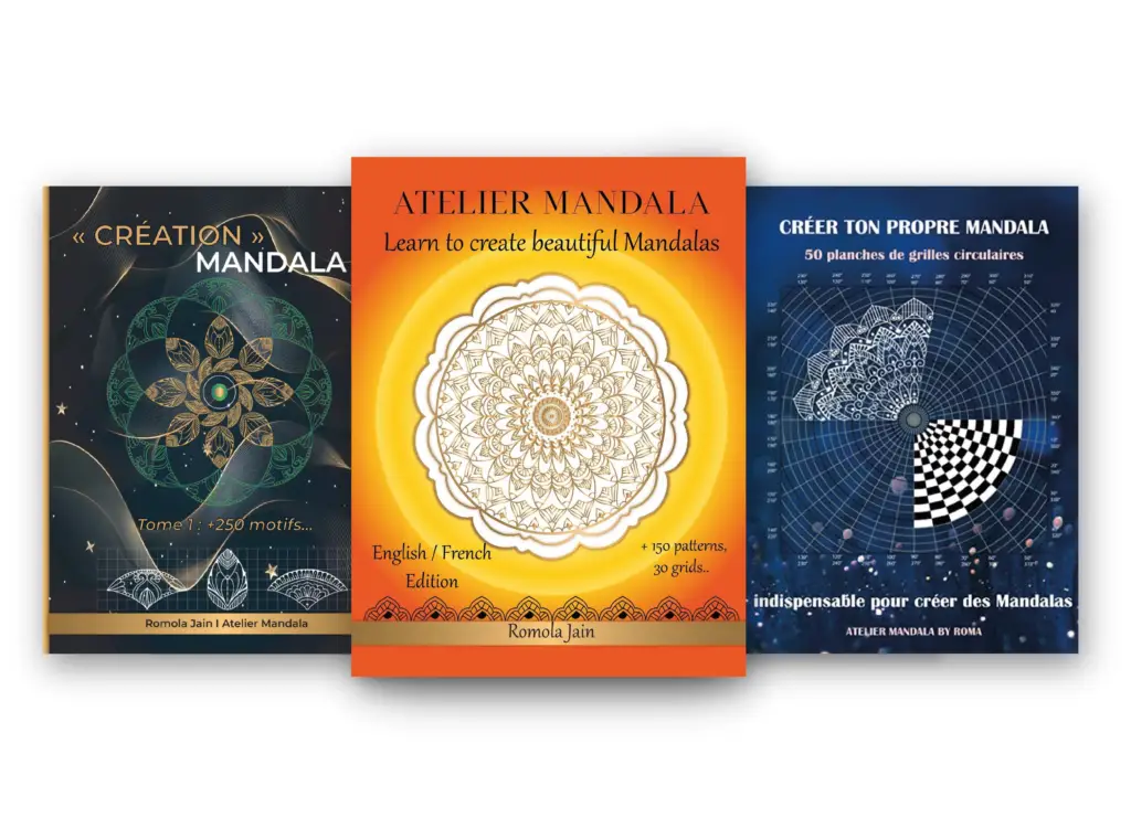 Couvertures des trois livres de la méthode Création Mandala par Romola Jain : 'Création Mandala – Tome 1 : +250 motifs', 'Atelier Mandala – Learn to Create Beautiful Mandalas' (édition bilingue anglais/français), et 'Créer ton propre mandala – 50 planches de grilles circulaires'. Ces ouvrages innovants permettent d'apprendre à dessiner des mandalas pas à pas, avec des motifs originaux et des grilles de construction.